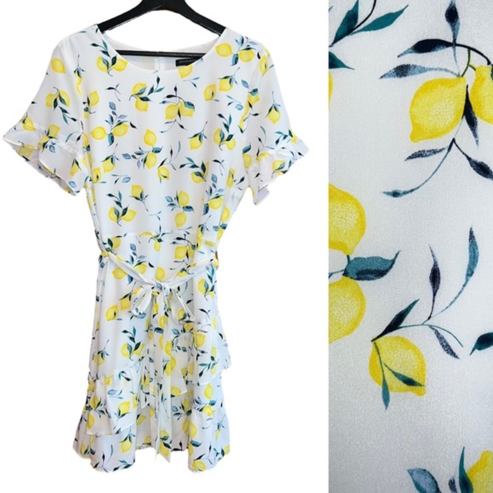 Banana Republic Lemon Print Mini Dress Size 14 White Yellow Ruffle Tie Waist